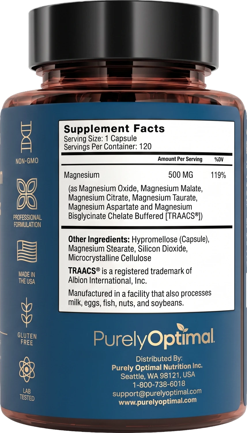 The Supplement Facts panel on Purely Optimal Magnesium Complex, showing 500mg of elemental magnesium at 119% daily value