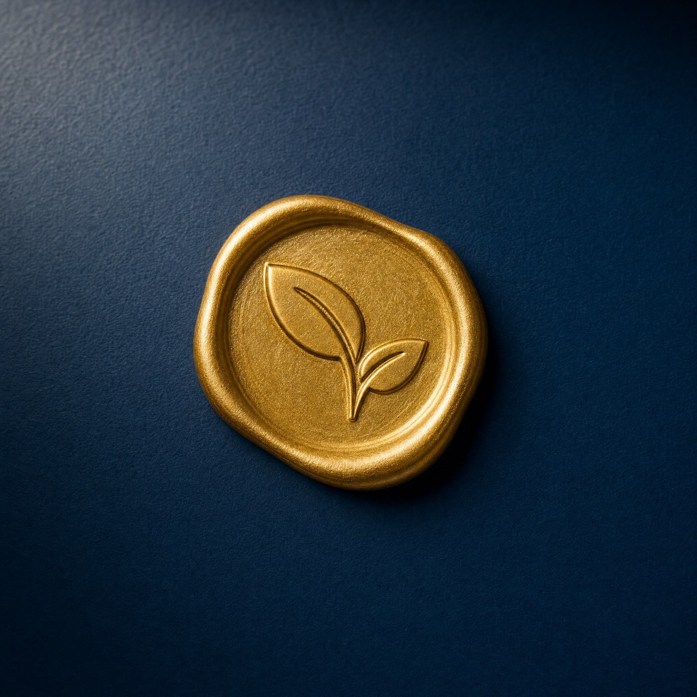 A gold wax seal embossed with the Purely Optimal leaf mark on deep navy