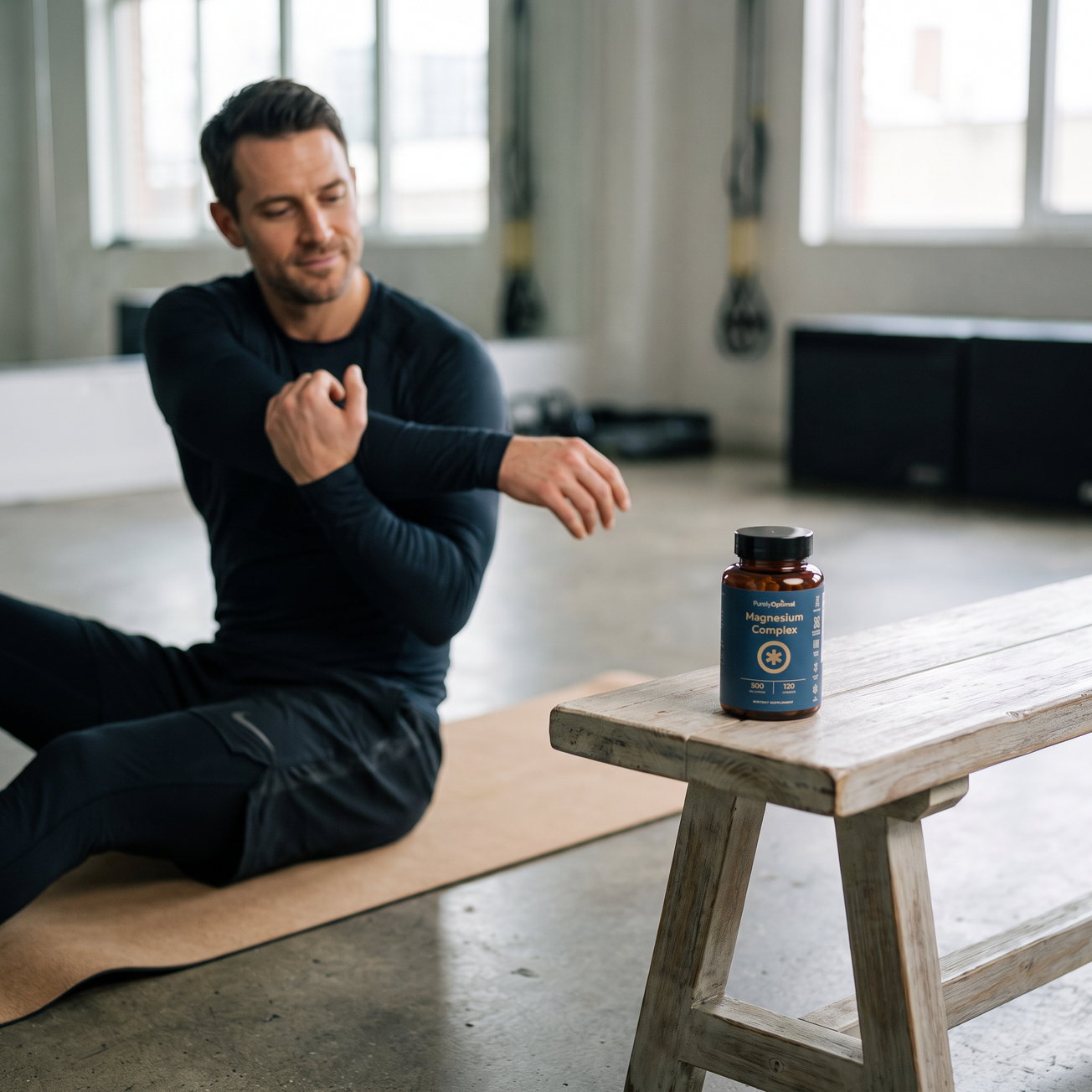 An active man stretching after a workout, recovered and steady