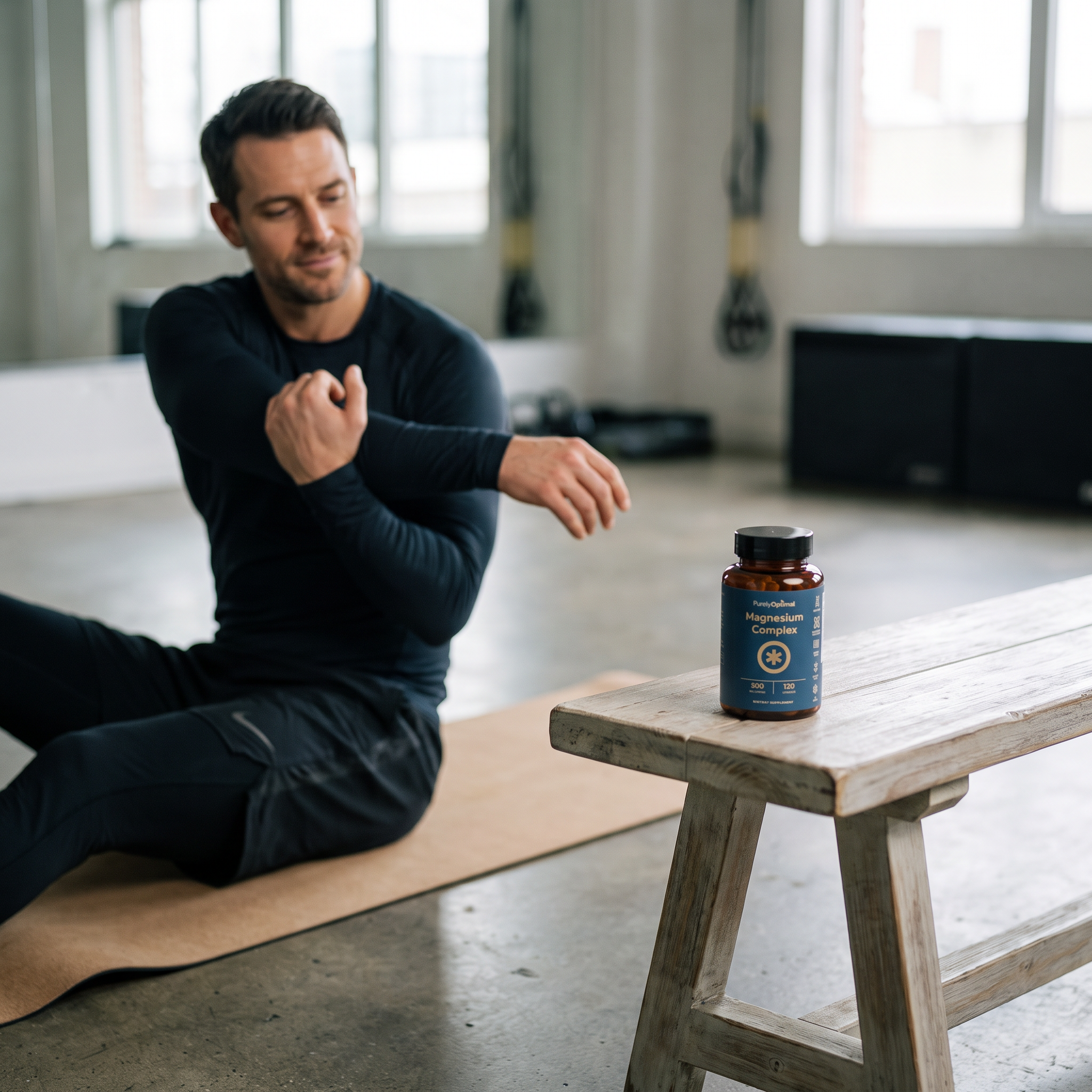 An active man stretching after a workout, recovered and steady