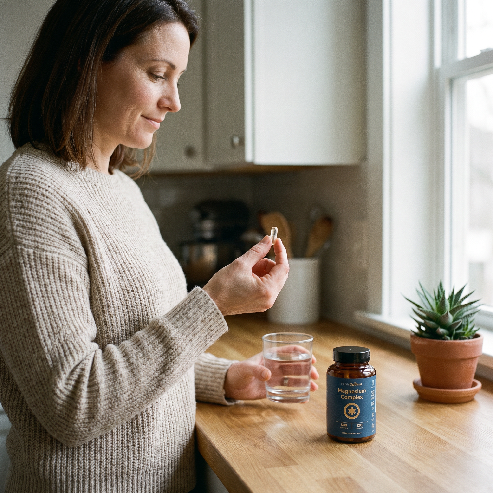 A woman taking her single daily capsule with water in a sunlit kitchen