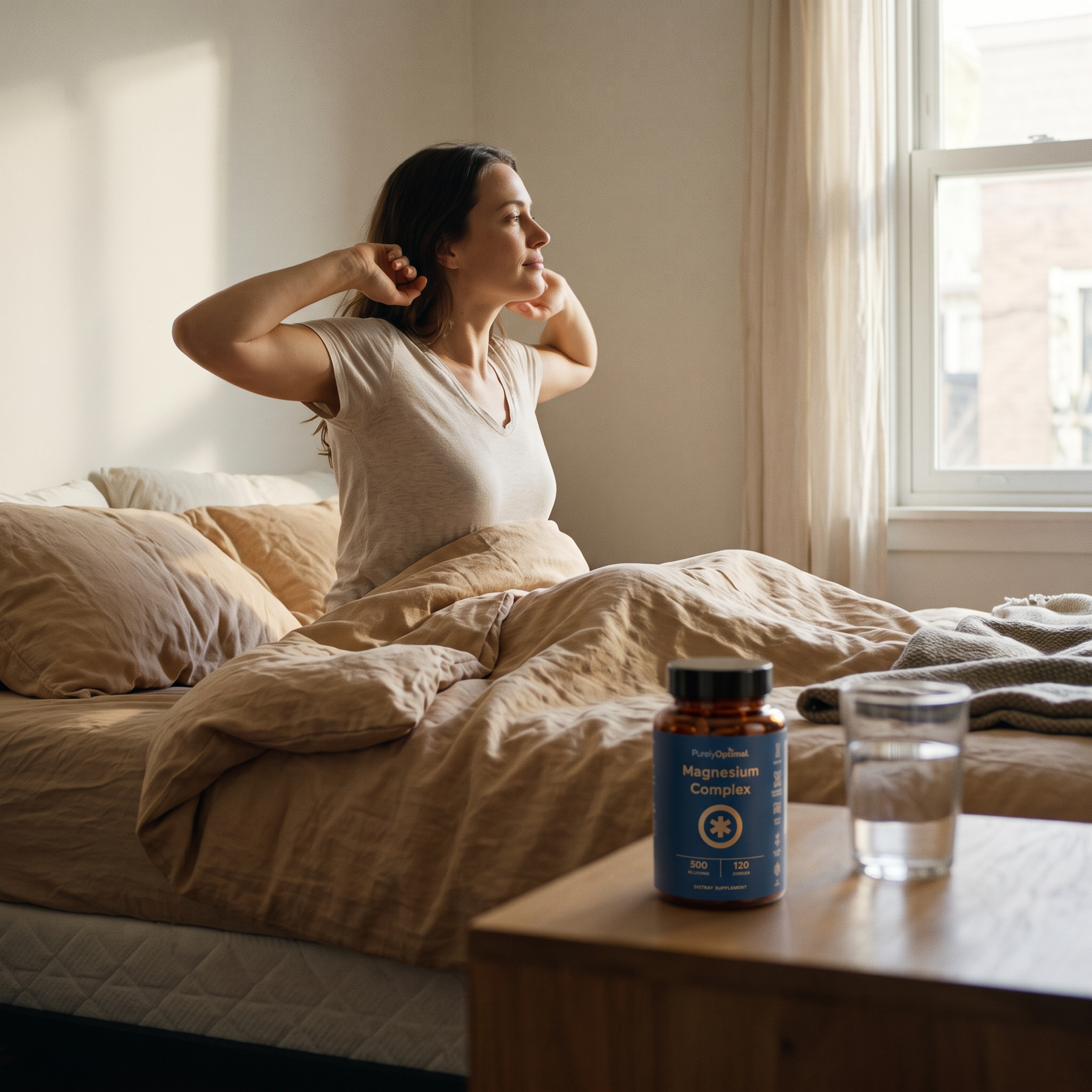 A woman waking rested and calm in soft morning light, her Magnesium Complex on the nightstand