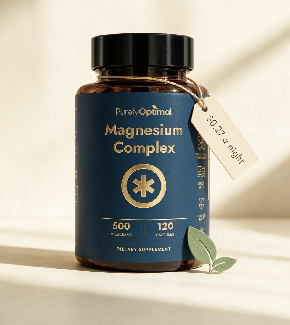 Purely Optimal Magnesium Complex, 500mg, 120 capsules, with a hangtag reading $0.27 a night