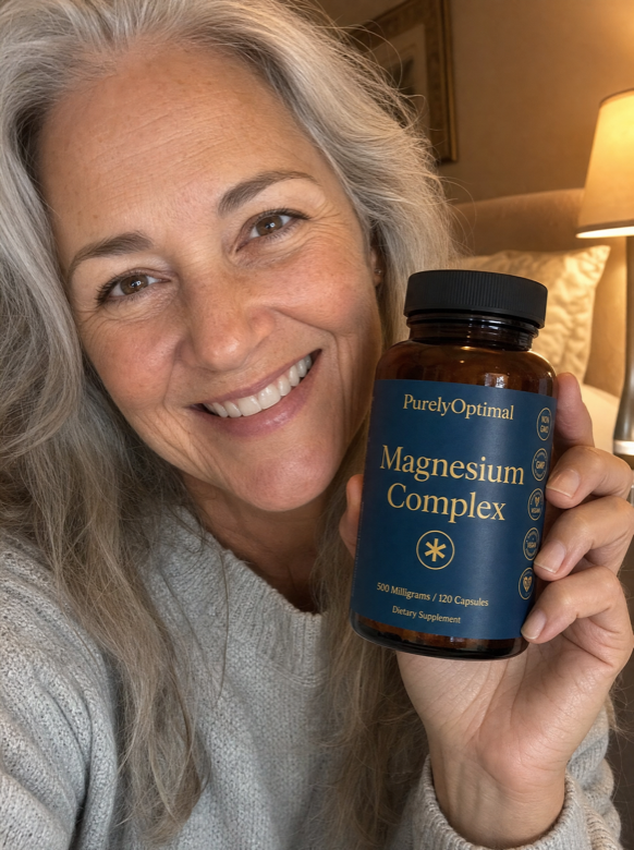 Diane, a verified Purely Optimal customer, holding her Magnesium Complex bottle
