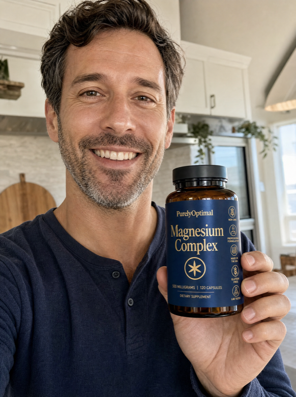 Marcus, a verified Purely Optimal customer, holding his Magnesium Complex bottle