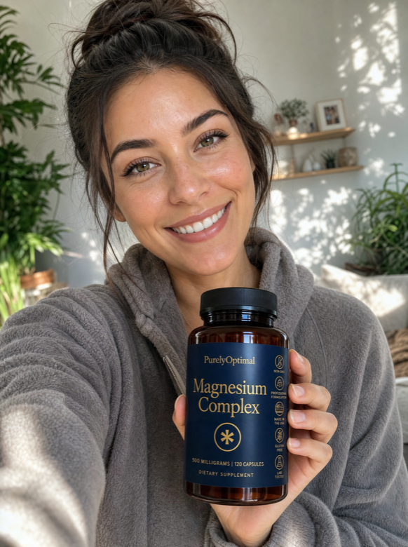 Elena, a verified Purely Optimal customer, holding her Magnesium Complex bottle