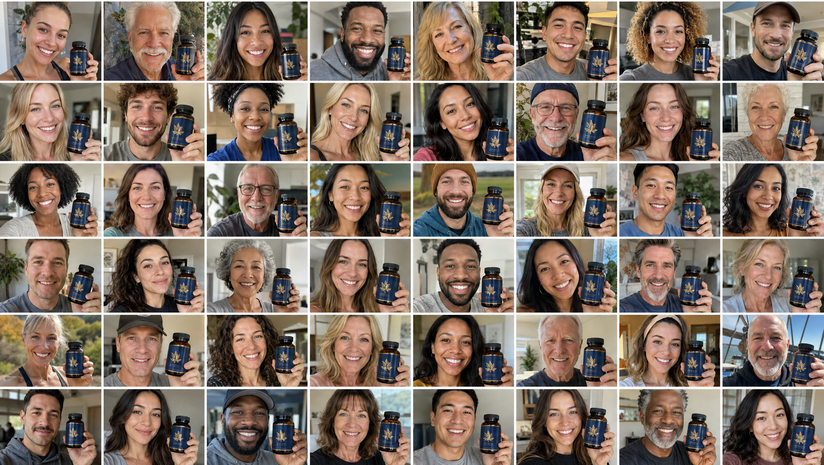 A grid of Purely Optimal customers of all ages and backgrounds holding their Magnesium Complex bottle